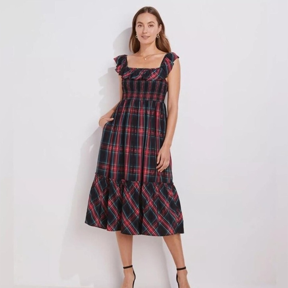 Vineyard Vines Apres Tartan Ruffle Midi Dress - Navy & Red Plaid